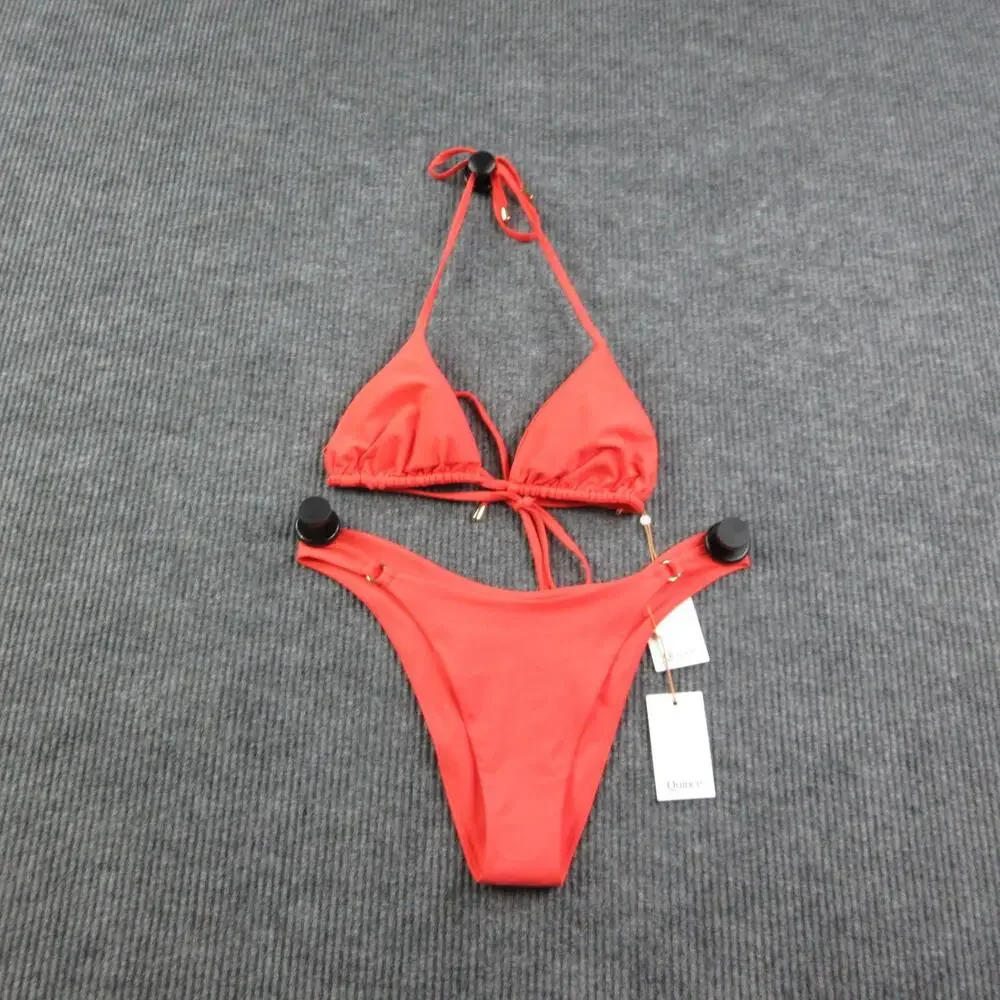 Quince Bikini Womens XL Orange Triangle Halter Thong Lined Adjustable NWT